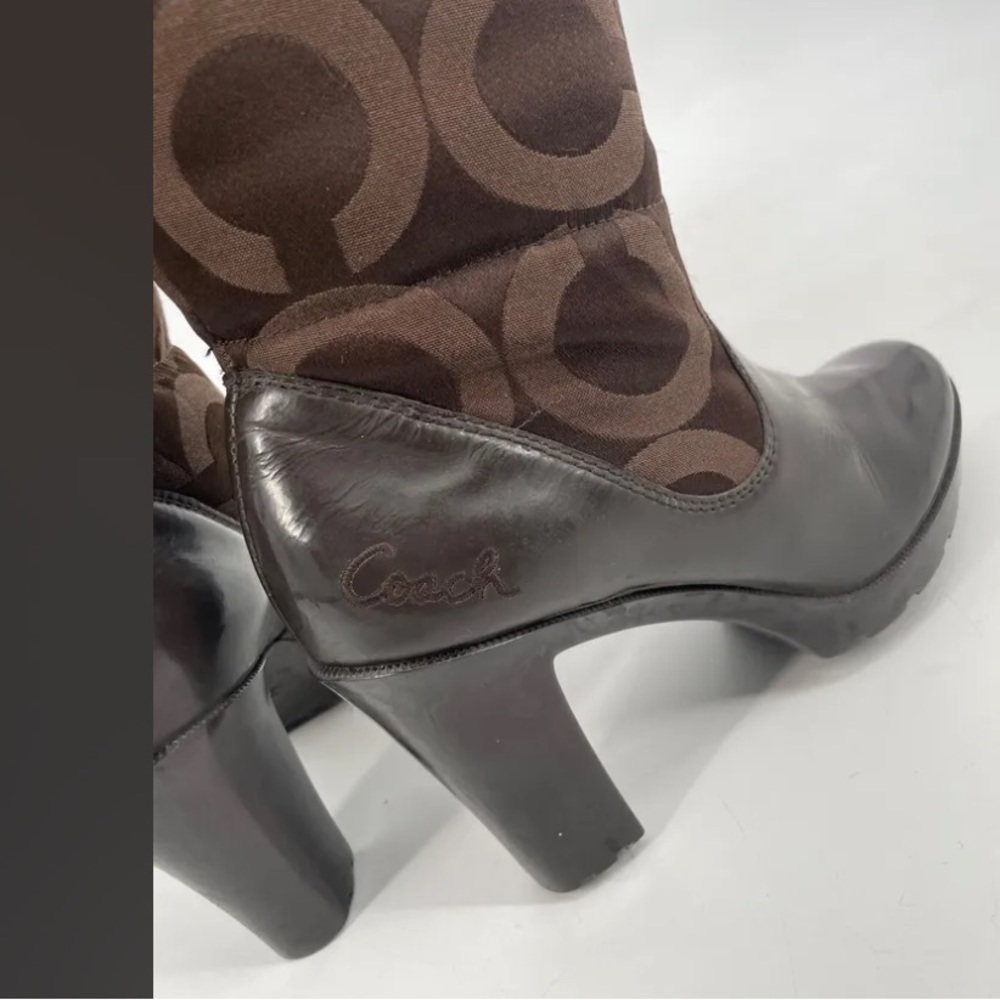Coach Loryn womens brown quilted high heel rain boots tall puffer logo - Picture 5 of 16